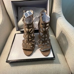 Nine West Taupe Beige Suede Strappy Cork Wedges Heels Sandals Shoes